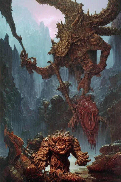 Image similar to a dungeons and dragons ogre, realistic oil painting by thomas cole and wayne barlowe