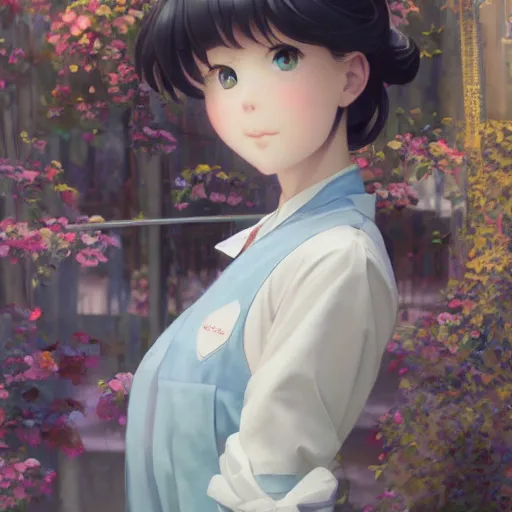 Prompt: a young woman in maid uniform by Stanley Artgerm Lau, WLOP, Rossdraws, Guweiz, James Jean, Andrei Riabovitchev, Marc Simonetti, and kyoani, krenz cushart, pixiv, background by James Jean and gustav klimt and John Marshall Gamble, 4k, volumetric lighting, french nouveau, trending on artstation, octane render, hyperrealistic