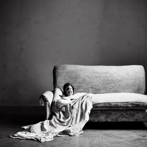 Prompt: woman on a sofa in cosy atmosphere, photo by peter lindbergh