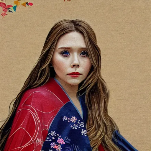 Prompt: Elizabeth Olsen as a young girl in kimono art drawn in art style of WLOP full HD 4K highest quality realistic beautiful gorgeous natural WLOP artist painting