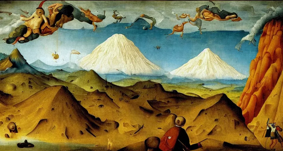Image similar to !dream the creation of a volcano, divine inspired painting, masterpiece, intricate details, incredible painting, painted by the great masters and bosch