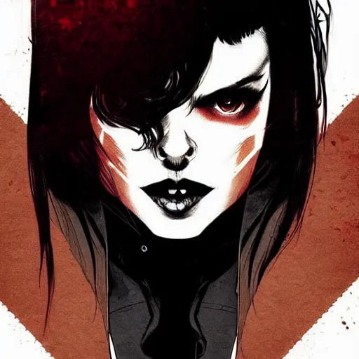 Prompt: Rafael Albuquerque comic cover art, loish, Ross tran, pretty female Samara Weaving vampire, very sharp fangs blood on face face, sarcastic smile, symmetrical eyes, symmetrical face, brown leather jacket, jeans, long black hair, middle shot, highly saturated, deep blacks