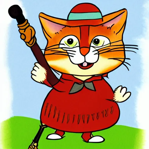 Prompt: illustration of Huckle Cat with a sword in the style of Richard Scarry