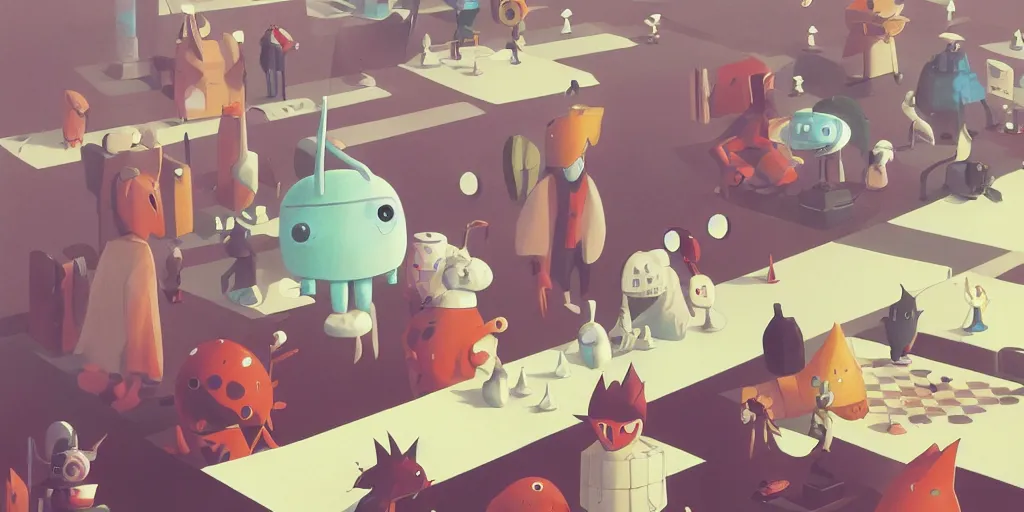 Image similar to cute anime monsters at a chess tournament by Goro Fujita and Simon Stalenhag and Kandinsky and Magritte, 8k, trending on artstation, hyper detailed, cinematic