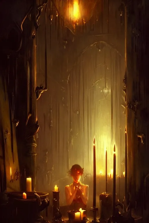 Image similar to dreamy dark hall with candles and dripping wax, fantasy art by bayard wu, trending on artstation, camille corot, stephan martiniere