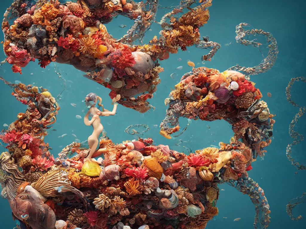 Prompt: a sculpture of fish ocean intertwined, a lovely cornucopia of flowers and human body parts, body parts, highly detailed, octane render, cinematic, shock, sharp focus, ball