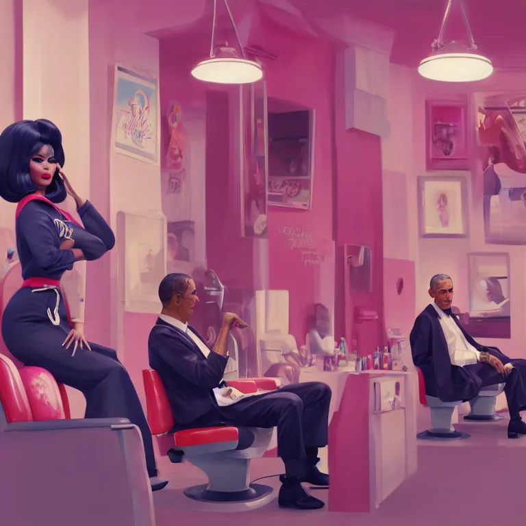 Image similar to 1 9 6 0 s concept illustration portrait of nicki minaj sitting next to barack obama in a barbershop. cinematic scene. volumetric lighting, flat style, pastel colors, hyper detailed. octane render. concept art. trending on artstation.