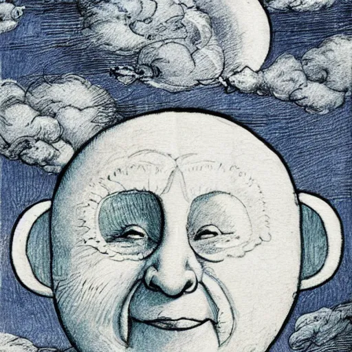 Image similar to cresent moon man smiling portrait, surrounded by clouds, landscape, illustrated by peggy fortnum and beatrix potter and sir john tenniel