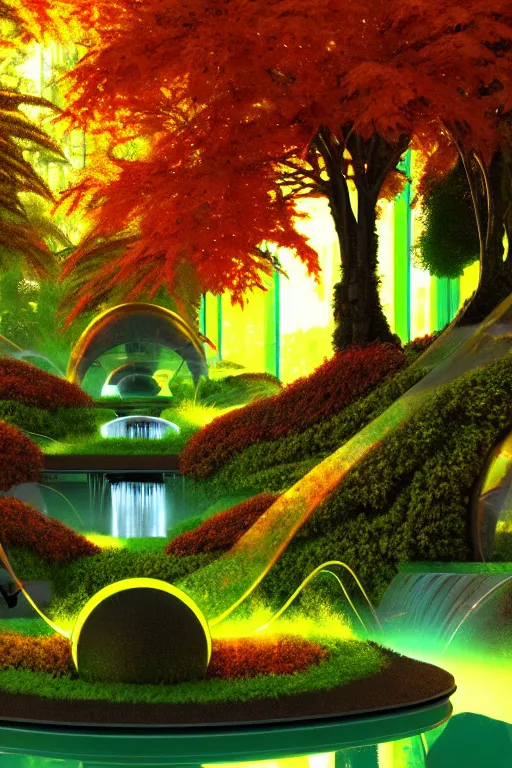 Prompt: futuristic garden glowing in autumn, marble fountains, small waterfalls, ecosystem, electronic bumblebees, 1 9 8 0 s science fiction, 1 9 7 0 s science fiction, alien 1 9 7 9, cyberpunk, 3 d oil painting, depth perception, 4 k, artstation