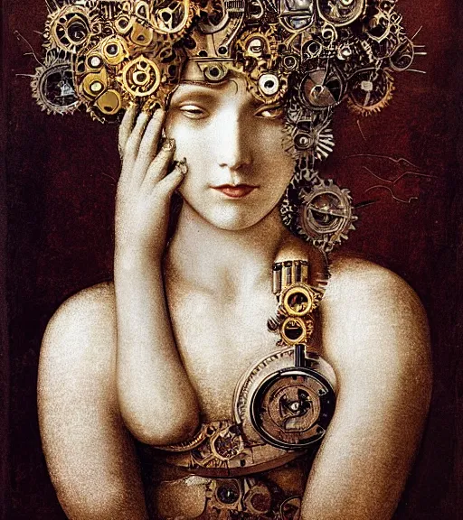 Image similar to portrait of a beautiful young cyborg woman with a big steampunk flower crown and part mechanical face , Metropolis, by Leonardo Da Vinci in the style of Man Ray