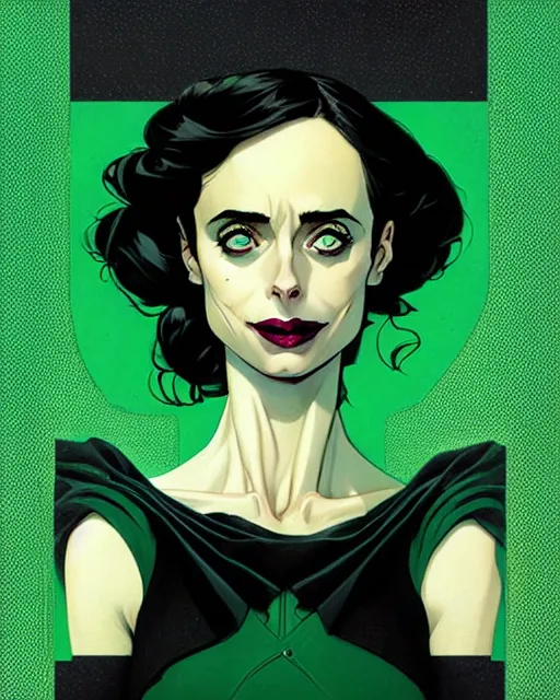 Image similar to style of Joshua Middleton comic book art, Nick Dragotta comic art, beautiful witch Krysten Ritter, symmetrical face, symmetrical eyes, scary smile, black and green eyes, full body, dark green dress