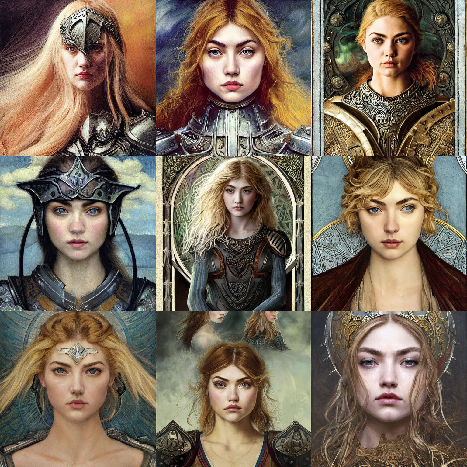 Prompt: masterpiece head-on symmetrical centered portrait, Imogen Poots and Elisha Cuthbert as a D&D paladin, Elden Ring style, wearing steel plate armour over chest, blonde hair, masterpiece art nouveau background, elegant, Pre raphaelite art style, in the style of Edgar Maxence and Ross Tran and Zdzisław Beksiński and Gustave Doré and H.R. Giger and Mucha, specular highlights, 8k, octane render