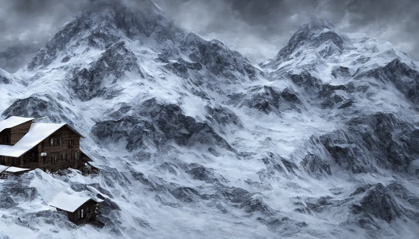 Image similar to a mountain hut on the peak of Mount Everest, covered in snow, raging blizzard, grey clouds, stunning photo, cinematic lighting, perfect, 8K, ultra-detailed , Trending on artstation, Octane render, Unreal Engine, highly detailed,
