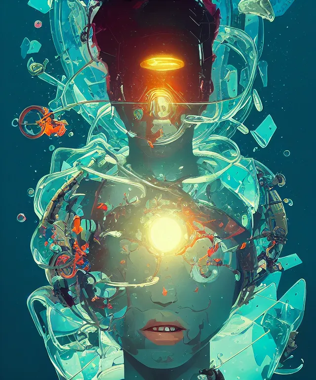 Prompt: cyborg delirium portrait, by petros afshar, ross tran, peter mohrbacher, tom whalen, shattered glass, bubbly underwater scenery, radiant light