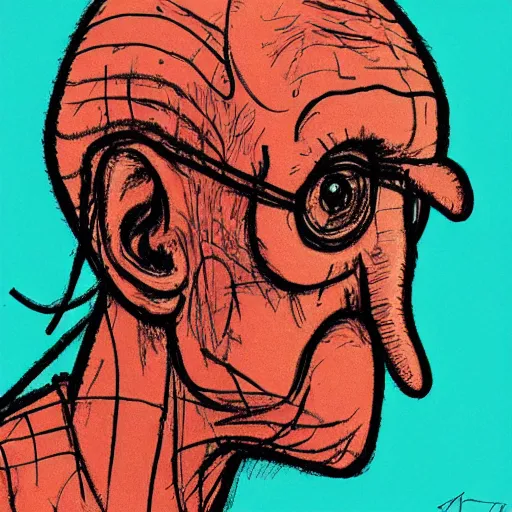 Prompt: a realistic yet scraggly portrait sketch of the side profile of a stern and sophisticated squidward tentacles, trending on artstation, intricate details, in the style of frank auerbach, in the style of sergio aragones, in the style of martin ansin, in the style of david aja, in the style of mattias adolfsson