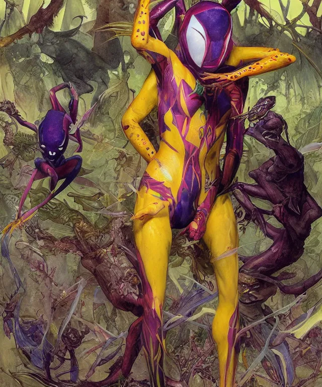 Prompt: a portrait photograph of a meditating fierce colorful spider gwen antilope super villian girl with slimy amphibian scaled blue skin and yellow eyes. she is wearing a living organic suit. by donato giancola, hans holbein, walton ford, gaston bussiere, peter mohrbacher and brian froud. 8 k, cgsociety, fashion editorial