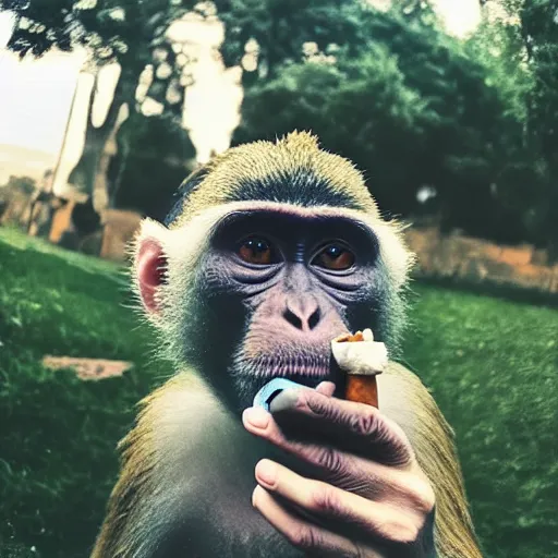 Image similar to Monkey holding and smoking a fat joint, iPhone selfie