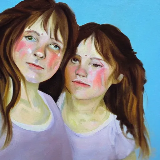 Image similar to a messy painting of twin sisters. Wendy and Susannah Melvin.Trending on ArtStation