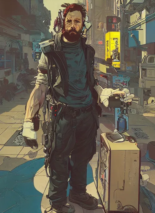 Prompt: cyberpunk soda salesman. portrait by ashley wood and alphonse mucha and laurie greasley and josan gonzalez and james gurney. spliner cell, apex legends, rb 6 s, hl 2, d & d, cyberpunk 2 0 7 7. realistic face. dystopian setting.
