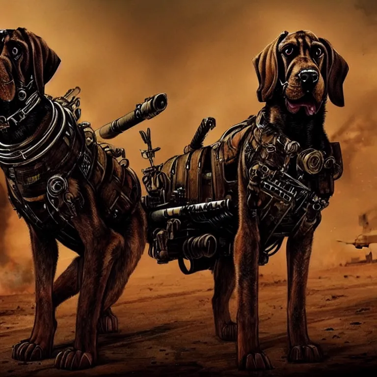 Image similar to a good ol'bloodhound pup fursona ( from the furry fandom ), heavily armed and armored facing down armageddon in a dark and gritty version from the makers of mad max : fury road. witness me.