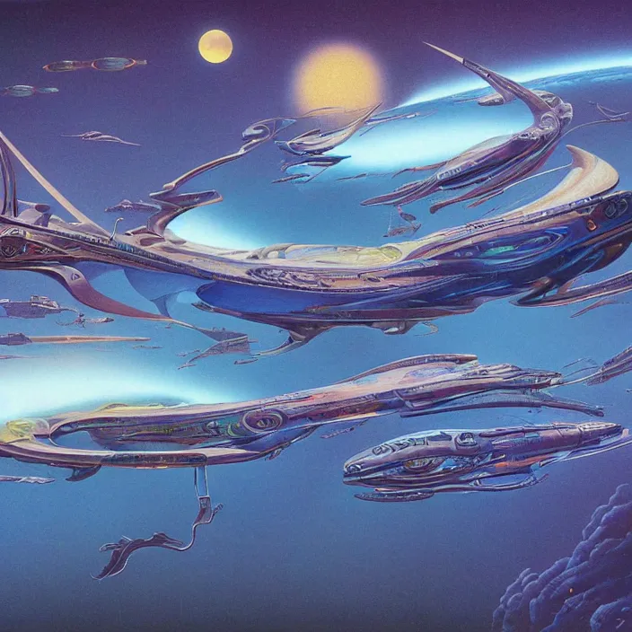 Image similar to chinese spaceship, science fiction, extremely detailed, pastel colors, intricate, hard light, flat, illustration, volumetric lighting, digital painting, by roger dean, by alex grey, by bruce pennington