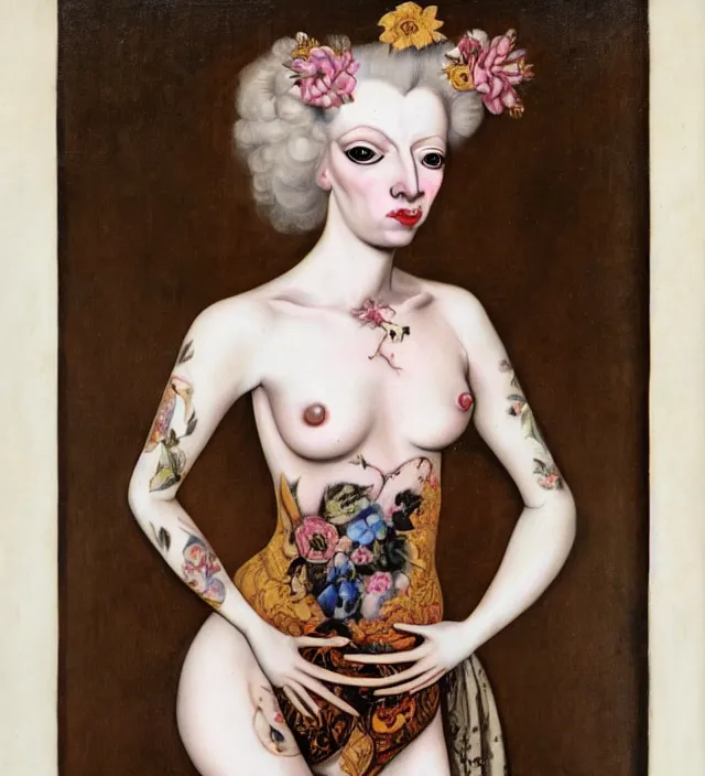 Prompt: baroque portrait of a blonde princess of porceline skin, full body floral tattoos, by francis bacon