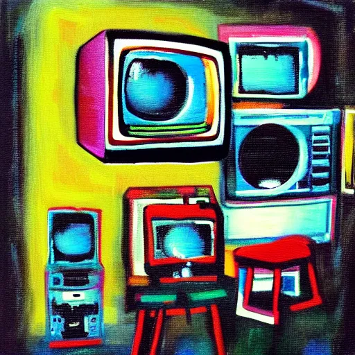 Image similar to furry, array of crt televisions, tv static, antenna, stacked, polaroid, steroids, adult video store, impressionist painting, painting, acrylic painting, cell shaded