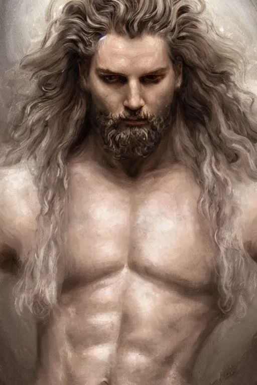 Image similar to painted portrait of zeus, god of thunder, greek god, white hair, masculine, mature, handsome, upper body, flowy robe, muscular, hairy torso, fantasy, intricate, elegant, highly detailed, digital painting, artstation, concept art, smooth, sharp focus, illustration, art by gaston bussiere and greg rutkowski