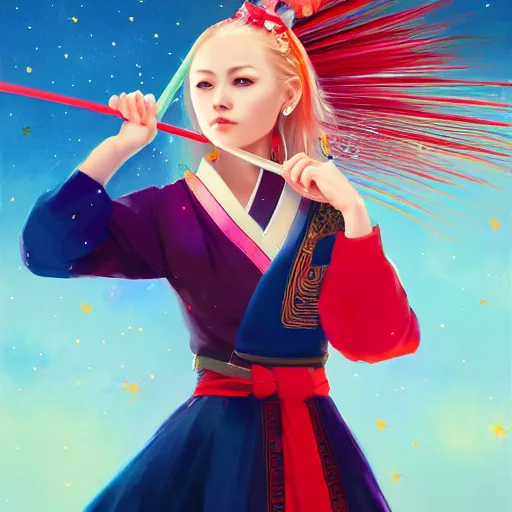 Image similar to colorful and festive captivating teenager girl with blonde hair, red japanese traditional clothes, shooting a firework with bow and arrow at the sky. rich vivid colors, ambient lighting, dynamic lighting, 4 k, atmospheric lighting, painted, intricate, highly detailed by charlie bowater