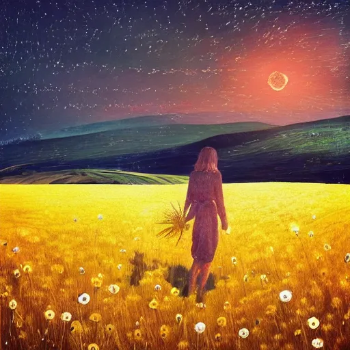 Image similar to giant daisy flower as a head, girl walking in wheat field, hills, surreal photography, moon light, dark night, star trails, dramatic light, impressionist painting, clouds, digital painting, artstation, simon stalenhag