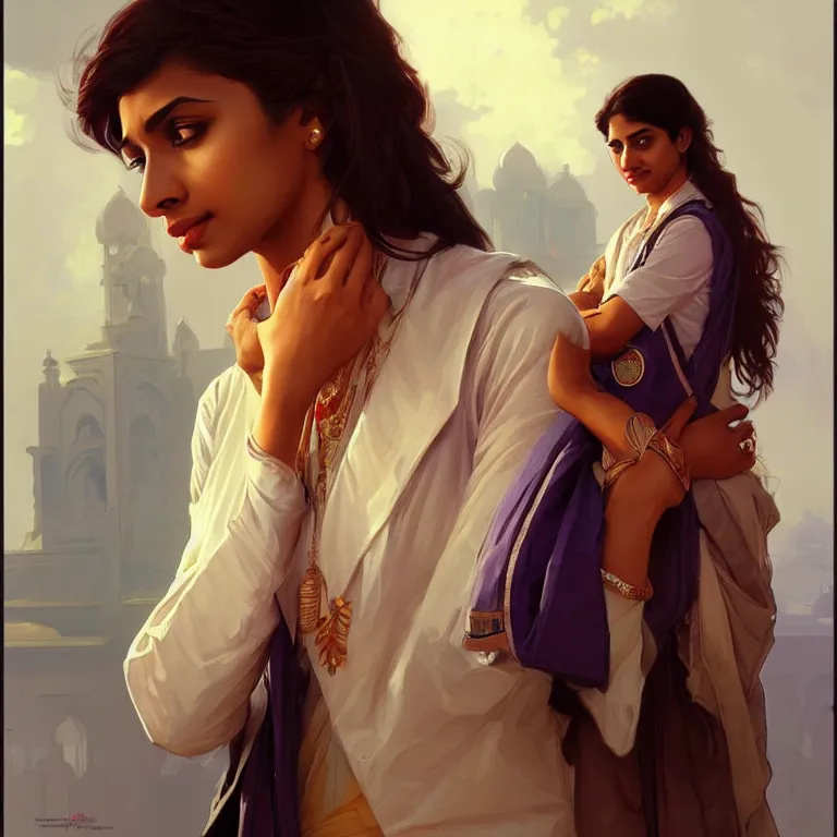 Image similar to Anxious pretty young Indian doctor in modern clothes waiting at the airport, portrait, sci-fi face, elegant, highly detailed, digital painting, artstation, concept art, smooth, sharp focus, illustration, art by artgerm and greg rutkowski and alphonse mucha