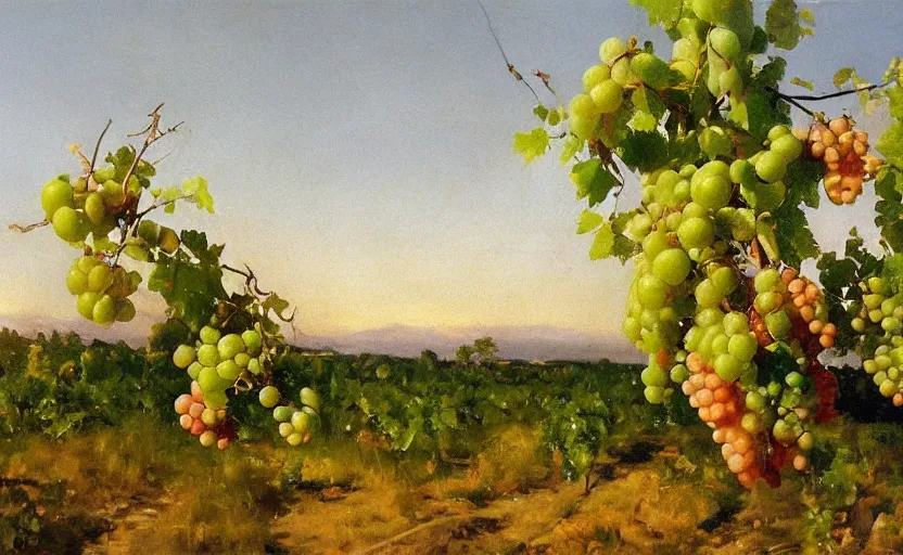 Prompt: oil painting lanscape by anders zorn, nature, fruit bush, translucent grapes, vines with backlight