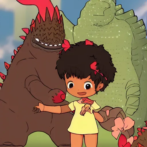 Image similar to Dark skinned girl pets Chibi Godzilla, children's book