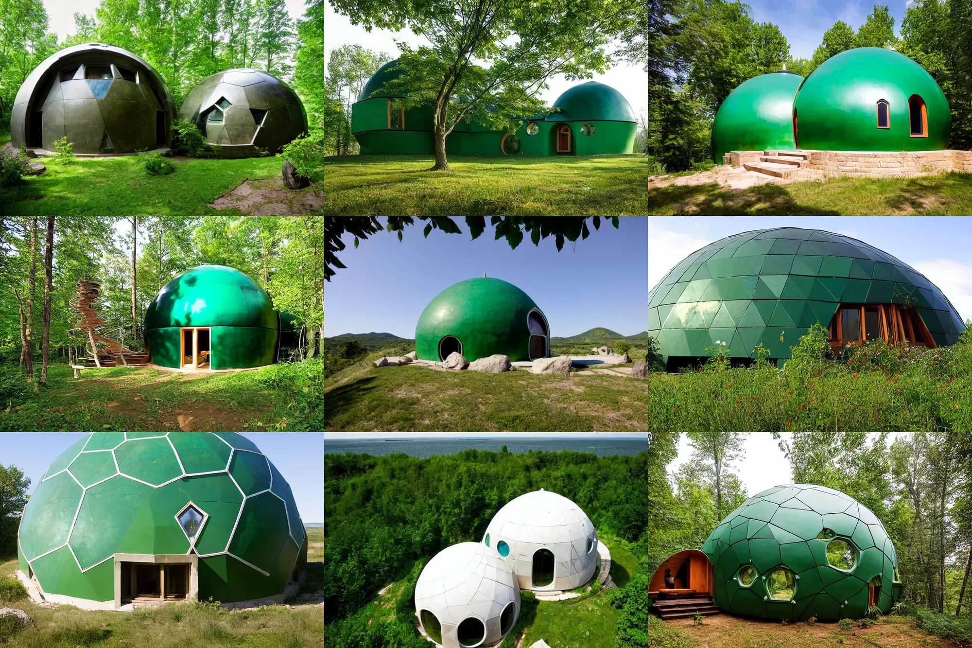 Image similar to spectacular green dome house by buckminster fuller and kristoffer tejlgaard, earthship, optimus sun orientation, north hemisphere,