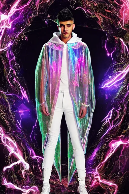 Image similar to full-body baroque and cyberpunk low-poly crystalline sculpture of attractive muscular iridescent Zayn Malik as a humanoid deity wearing a thin see-through plastic hooded cloak sim roupa, posing like a superhero, glowing pink face, crown of white lasers, large diamonds, swirling black silk fabric. futuristic elements. oozing glowing liquid, full-length view. space robots. human skulls. throne made of bones, intricate artwork by caravaggio. Trending on artstation, octane render, cinematic lighting from the right, hyper realism, octane render, 8k, depth of field, 3D