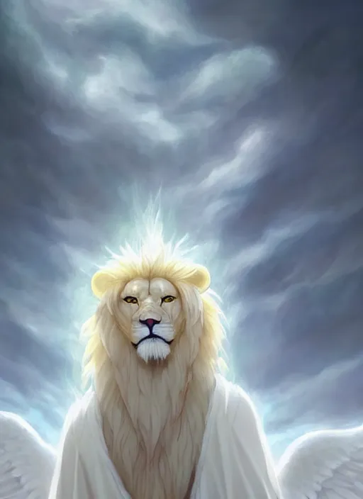 Image similar to religious portrait artwork of an albino male furry anthro lion with giant feathery glowing angel wings flying in the heavenly cloudy sky wearing a silky white cloak blowing in the wind, hazy and Atmospheric . Character design by charlie bowater, ross tran, artgerm, and makoto shinkai, detailed, inked, western comic book art, 2021 award winning film poster painting