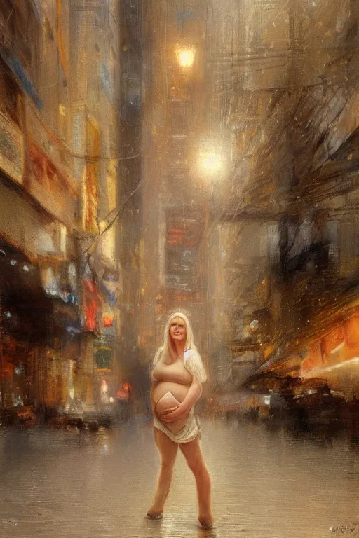 Prompt: pregnant woman in t-shirt in the middle of night street by Alyssa Monks, Gaston Bussiere. blond braid, full body, urban dystopia, hyper realism, realistic proportions, artstation, concept art, smooth, sharp focus, illustration