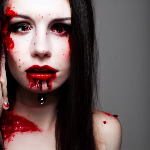 Image similar to professional headshot of an elegant female vampire with droplets of blood splattered across her face. high resolution, realistic, professional lighting, nikon camera, 8 k, imdb. com