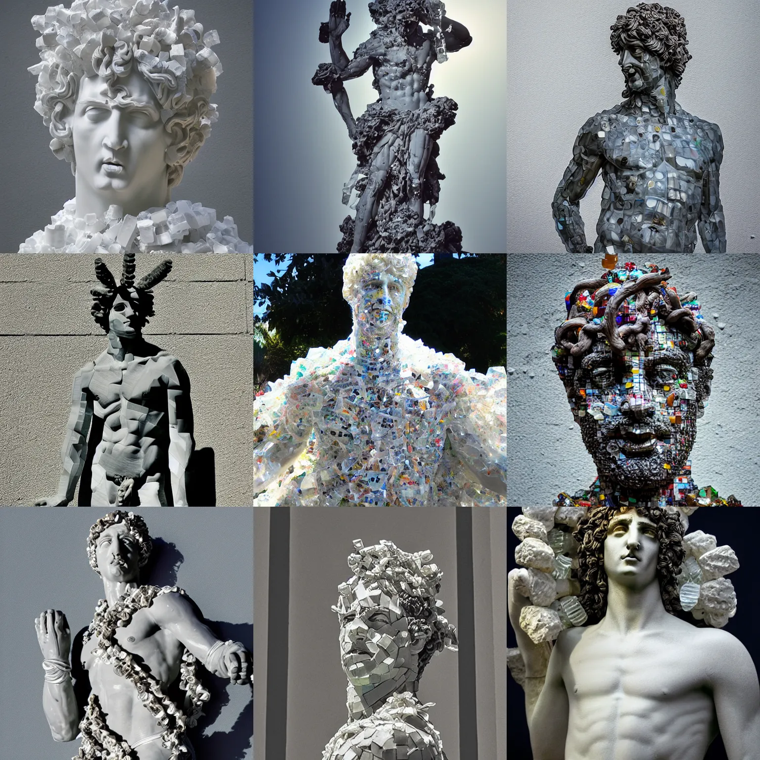 Prompt: “Dionysus statue made of pieces of glass and plastic bags, detailed but rough, 4k photo, great light and shadows, Sony 175mm”