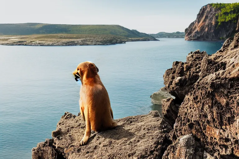 Prompt: a puppy is looking directly at the water below them while they stand at an edge of a cliff