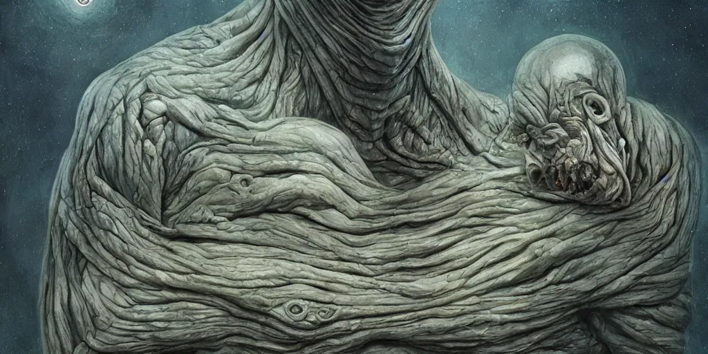 Prompt: skin folded like a blanket, veins, muscle tissue, blue veins underneath the skin, sub surface scattering, smooth, disturbing, highly interesting, masterpiece, 4 k, the thing, horror, cosmic horror, junji ito, larry elmore, gediminas pranckevicius, h. r. giger,