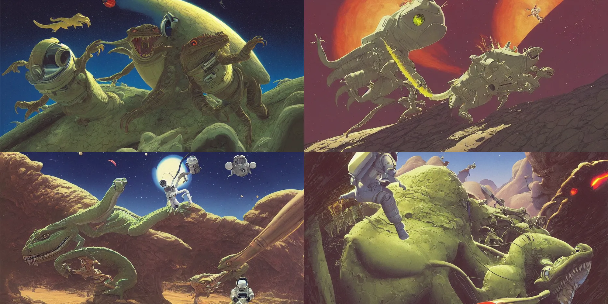 Prompt: a beautiful illustration of an astronaut fighting a lizard monster near a crashed space ship on a strange dr. Seuss world by Ralph McQuarrie| sparth:.4 | Tim white:.2 | Rodney Mathews:.1 | Graphic Novel, Visual Novel, Colored Pencil, Comic Book:.2