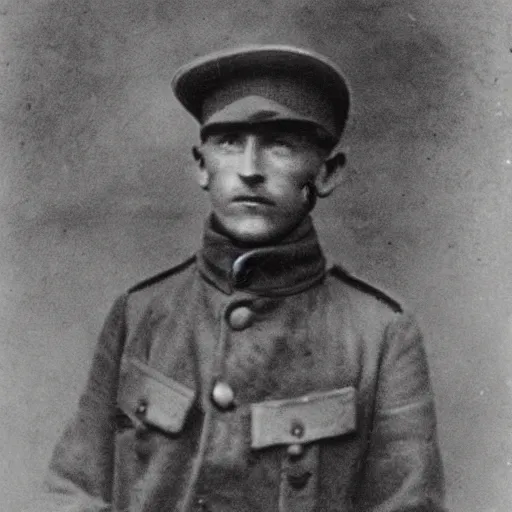 Prompt: World War 1 soldier with shellshocked expression, close-up, photograph