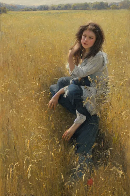 Prompt: Solomon Joseph Solomon and Richard Schmid and Jeremy Lipking painting full length portrait painting of a young woman in the hayfield