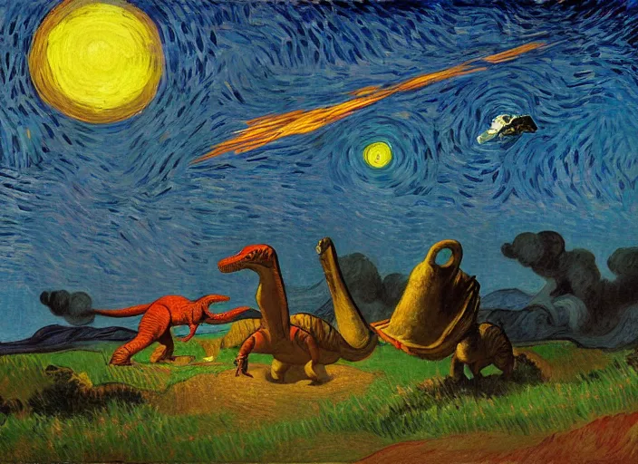 Image similar to painting of the extinction of the dinosaurs with asteroid and fire, in the style of edward hopper and vincent van gogh, dramatic lighting at dusk