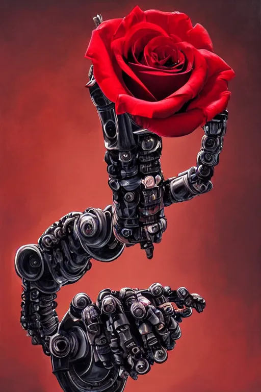 Prompt: a close-up portrait of a robotic arm holding a red rose, painted by Raphel, dramatic backlighting, autochrome, chiaroscuro, highly detailed, sharp focus, digital painting, concept art, illustration, rock, trending on artstation, art by Ruan Jia and Raphael, Art directed by Shepard Fairey, color scheme by Mandy Jurgens