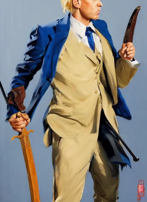 Image similar to greg manchess painting of a blond man in a blue suit with a sword and a pistol, asymmetrical, profile picture, organic painting, sunny day, matte painting, bold shapes, hard edges, street art, trending on artstation, by huang guangjian, gil elvgren, ruan jia, randy vargas, greg rutkowski