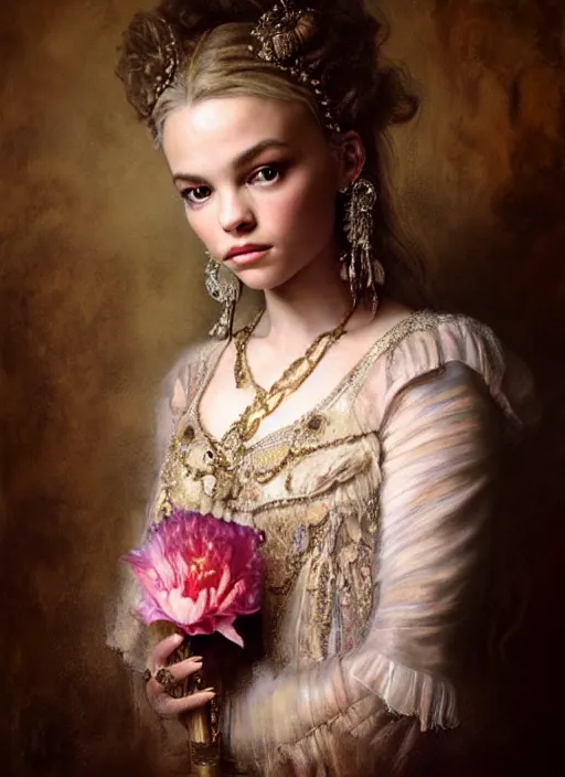 Prompt: baroque princess portrait. by casey baugh, by rembrandt, mandelbulb 3 d, carnation. intricate jordyn jones and dove cameron and margot robbie and taylor swift and megan fox