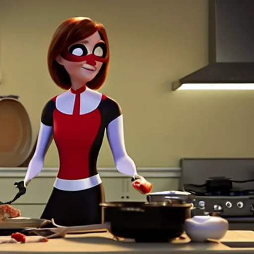 Prompt: film still of helen parr cooking breakfast in incredibles 2