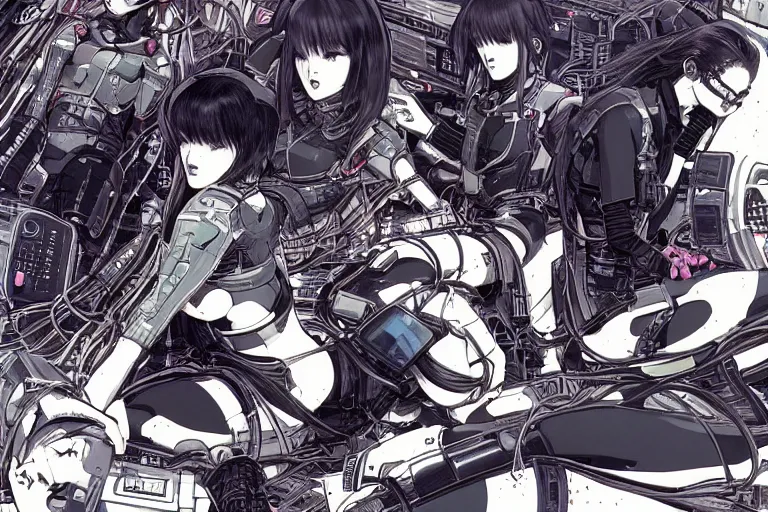 Image similar to a cyberpunk illustration of a group of coherent female androids in style of masamune shirow, lying on an empty, white floor with their bodies broken scattered rotated in different poses and cables and wires coming out, by yukito kishiro and katsuhiro otomo, hyper-detailed, intricate